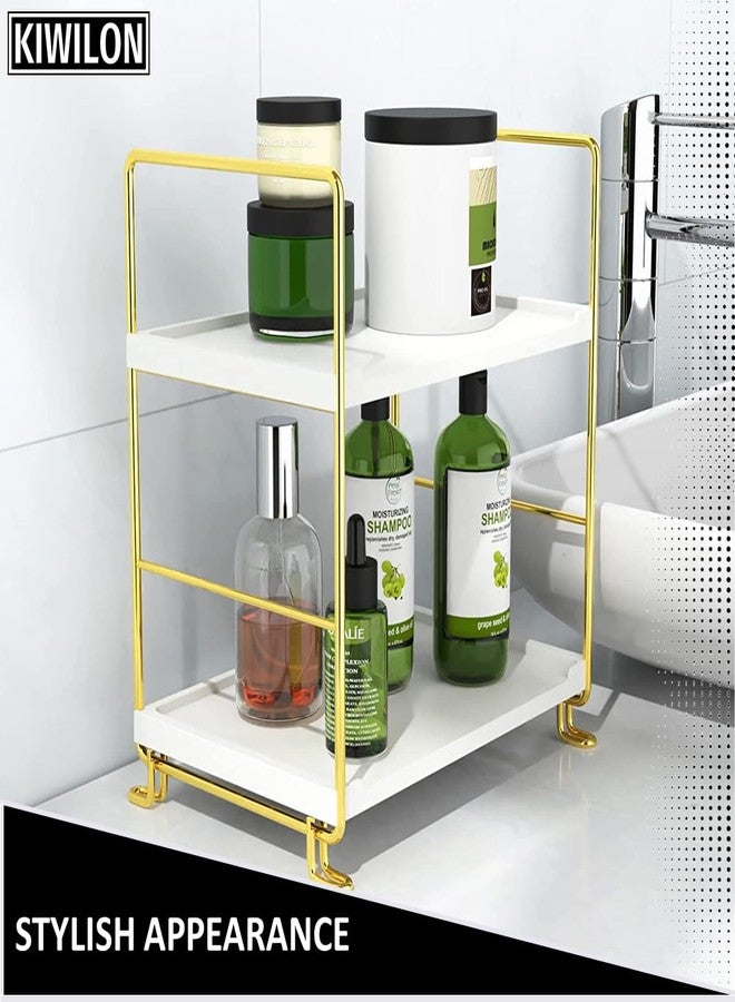 Kiwilon 2 Tier Storage Rack Shelf | Gold Metal Frame with White Trays | Multipurpose Stand for Kitchen | Office Table & Study Desk - Image 2